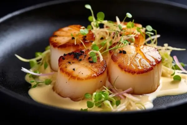 Seared scallops over sweet corn puree with micro greens, plated at Brugada Kitchen & Bar