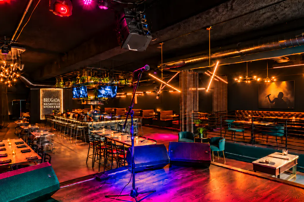Stage, bar and dining room at Brugada Kitchen & Bar, downtown Nashville