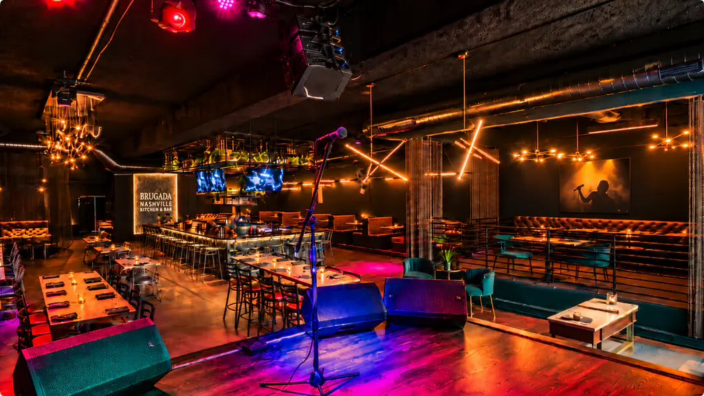 Stage, bar and dining room at Brugada Kitchen & Bar, downtown Nashville