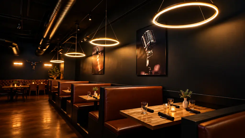 Leather booths under ring pendant lights in the main dining room at Brugada Kitchen & Bar
