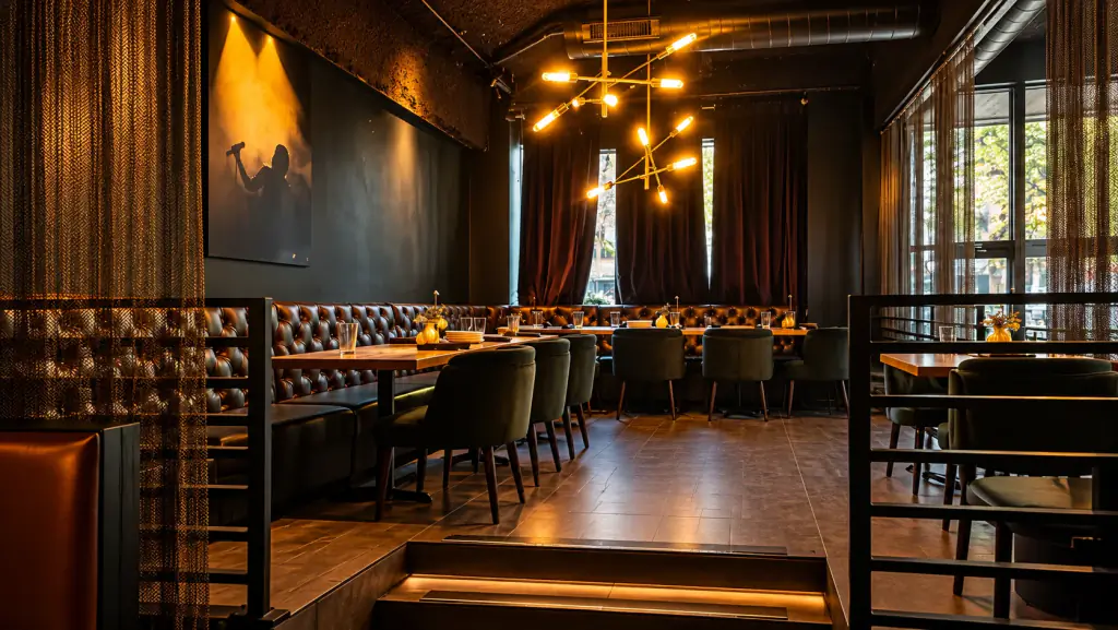 The Singer's Lounge at Brugada Kitchen & Bar: raised platform, banquette and tables set for an event