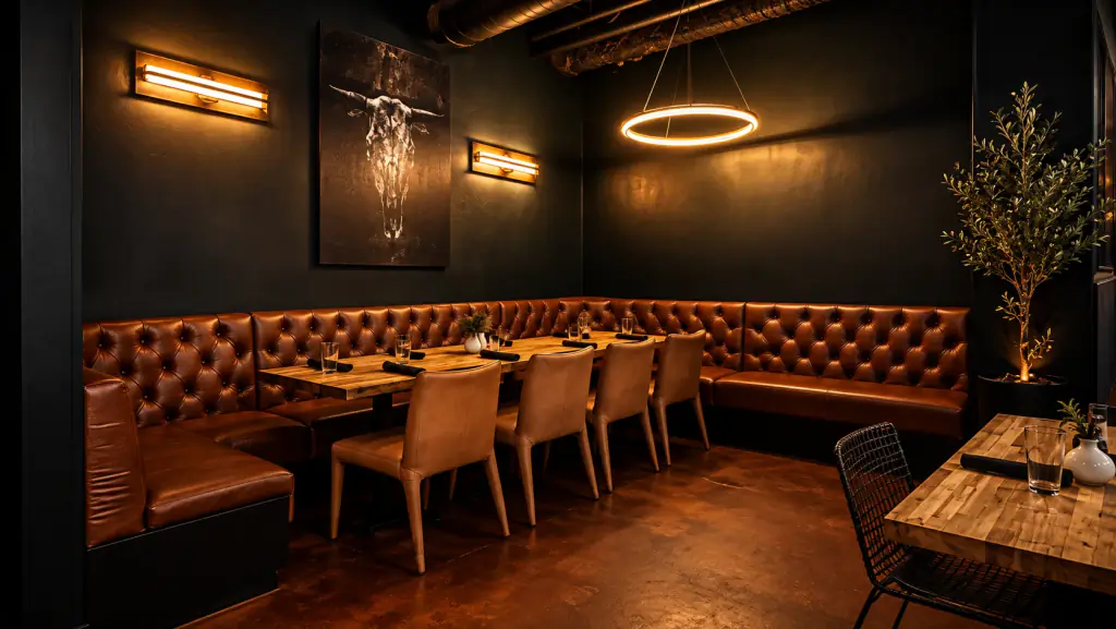 Skulls Nook at Brugada Kitchen & Bar: tufted leather banquette and a table set for a private dinner