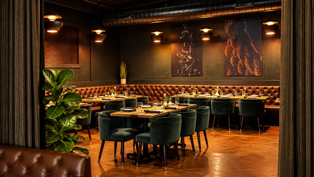 VIP Room at Brugada Kitchen & Bar: tufted leather banquette and tables set for a private dinner