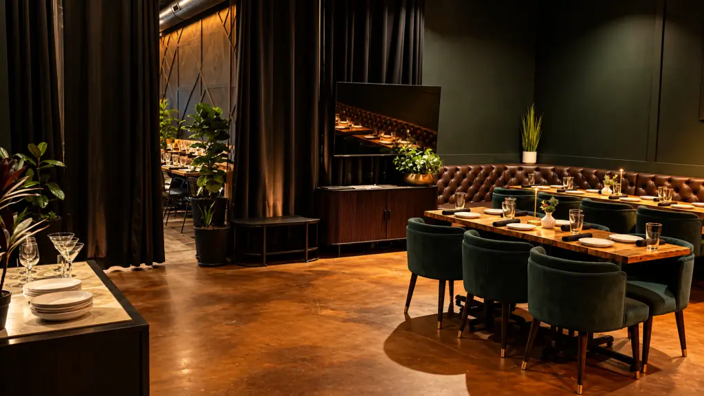 Entrance to the VIP Room at Brugada Kitchen & Bar, with tables set for a private event